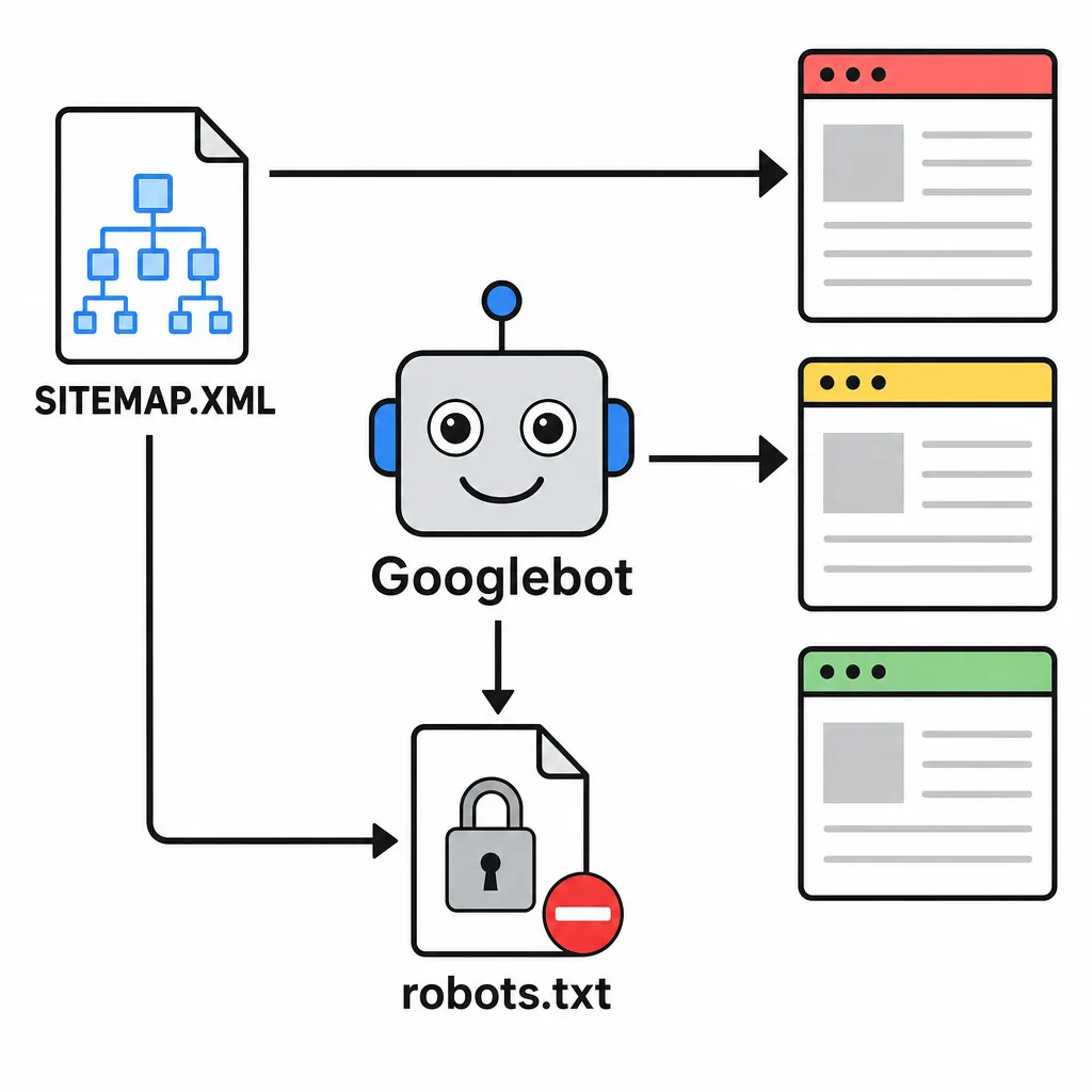 Diagram of how Google indexing works: the sitemap guides the crawler, which is blocked from certain pages by the robots.txt file.