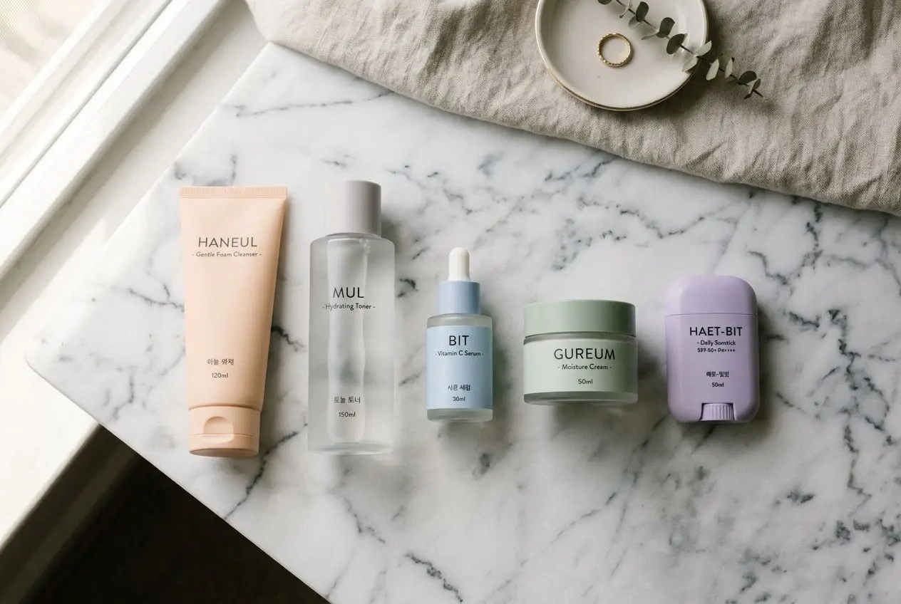 Routine beauté parfum et skincare : tube HANEUL, flacon MUL hydrating toner, sérum bleu, crème GUREUM, pot HAET-BIT sur marbre.