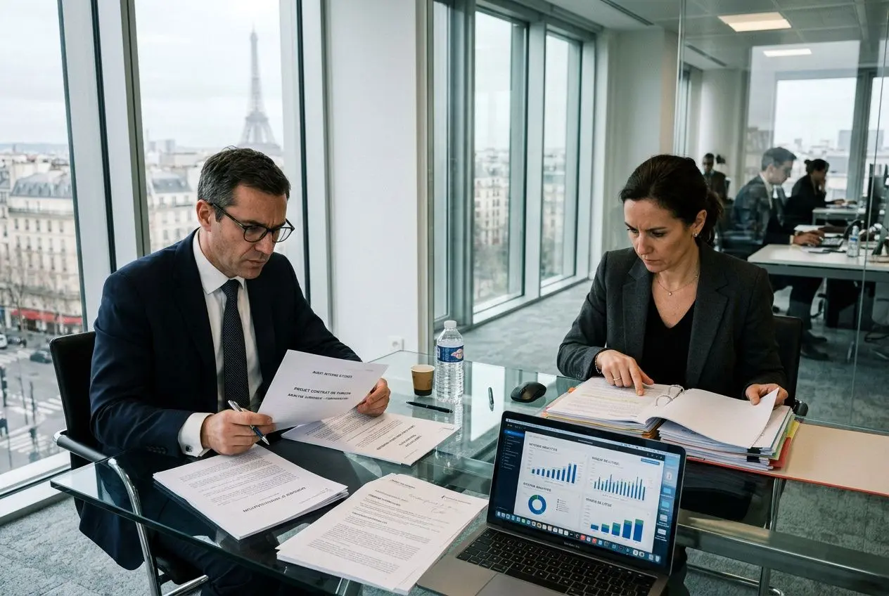 Deux professionnels en réunion d’affaires dans un bureau près de la Tour Eiffel, examinant des documents et des graphiques sur un ordinateur portable. alt="Enquête concurrence déloyale entreprise : deux avocats ou détectives privés agréés analysant des preuves et des rapports devant un écran montrant des données."