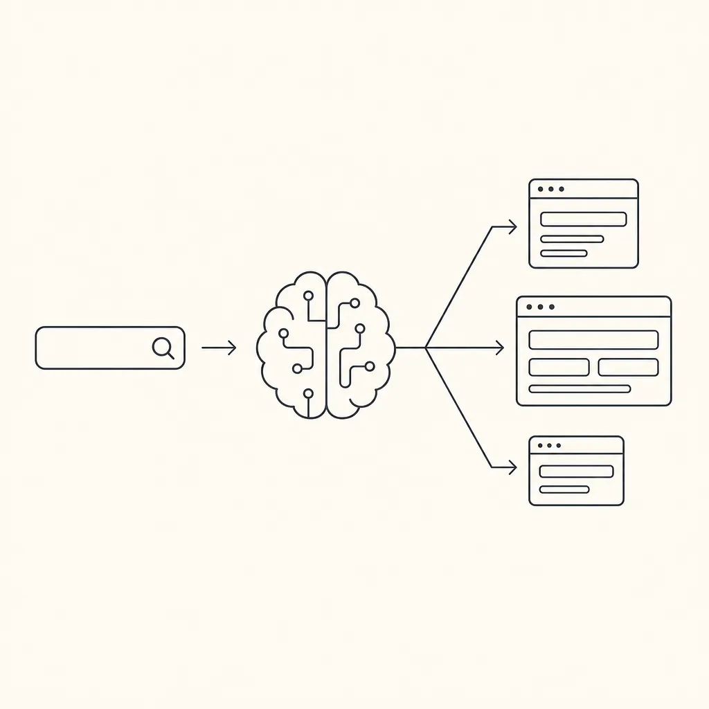 Schéma : une barre de recherche mène à un cerveau stylisé qui redistribue l'information vers trois fenêtres de navigateur.