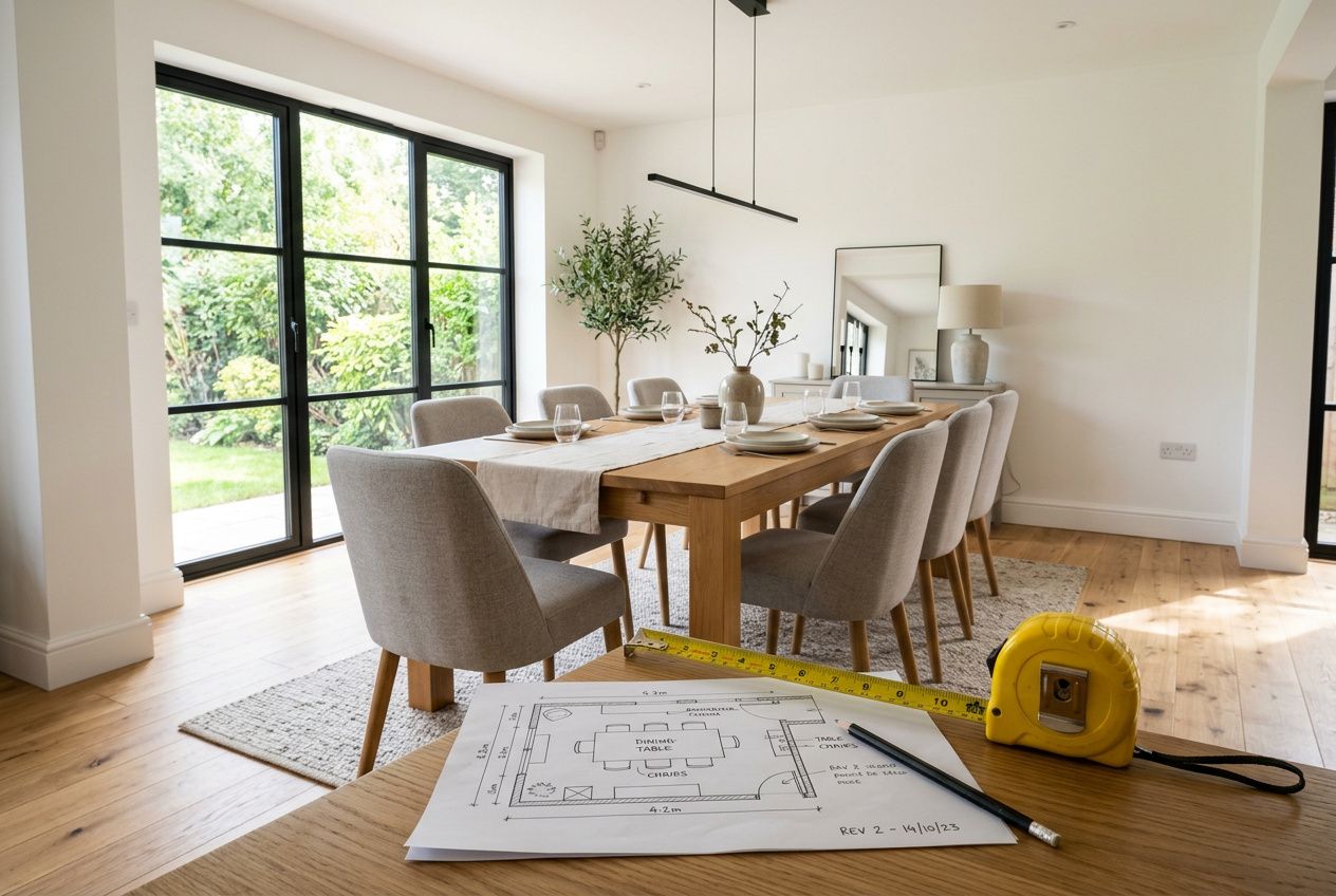 Table à manger en bois dans une salle lumineuse, plans et mètre-ruban au premier plan, chaises gris clair autour d’une grande table.