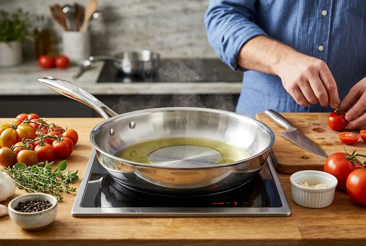 Personne en chemise bleue préparant des tomates sur une planche en bois, une poêle inox sur feu, huile chauffée et ingrédients autour. intégré: comment culotter une poêle inox.
