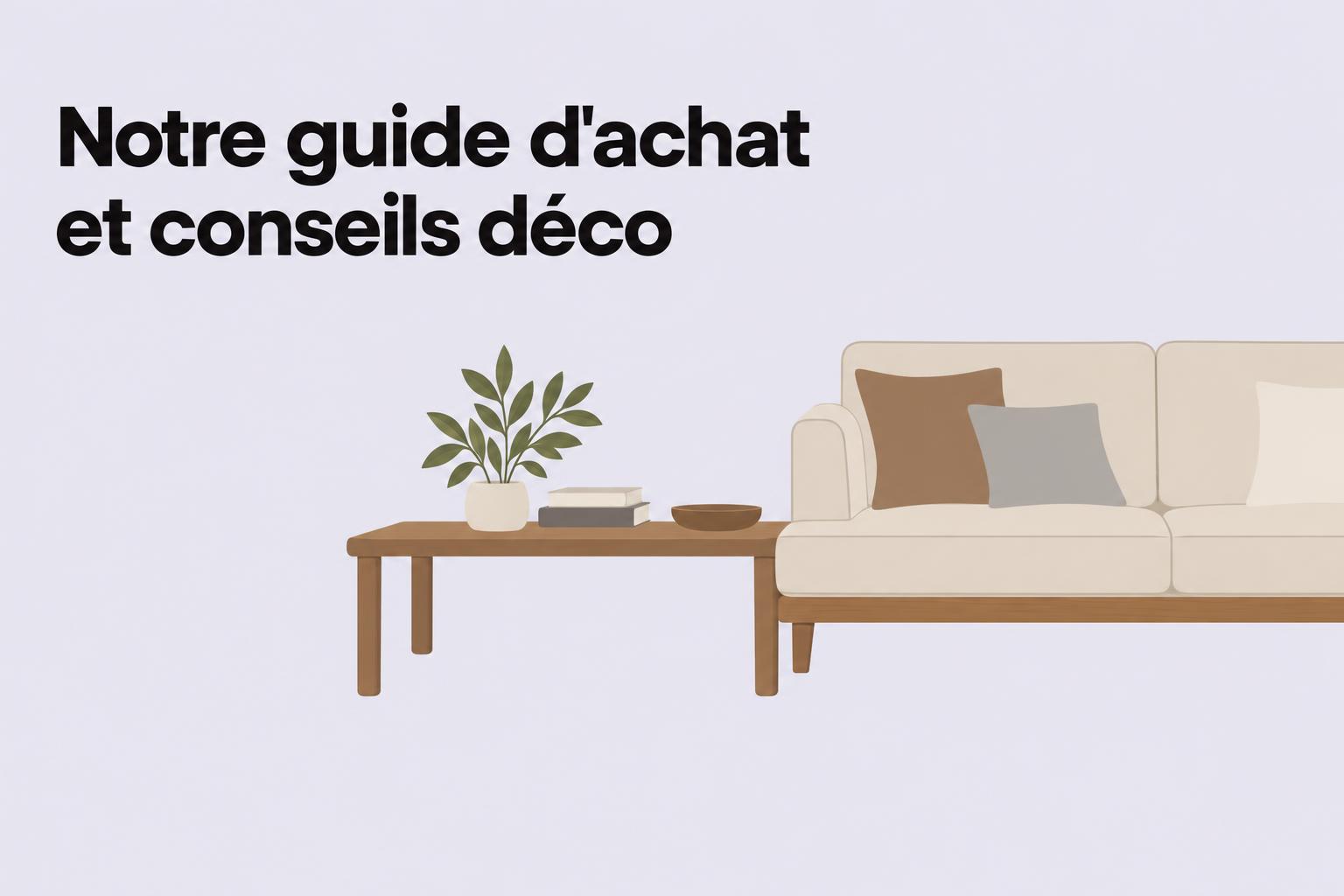 Notre guide d'achat et conseils déco: table basse au salon avec plante, livres et bibelots près d’un canapé beige. comment choisir table basse salon.