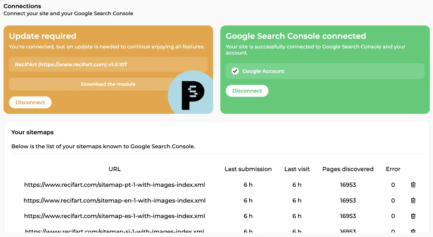 Site configuration, Connections tab: CMS module card, Google Search Console connected card and the list of sitemaps with pages discovered