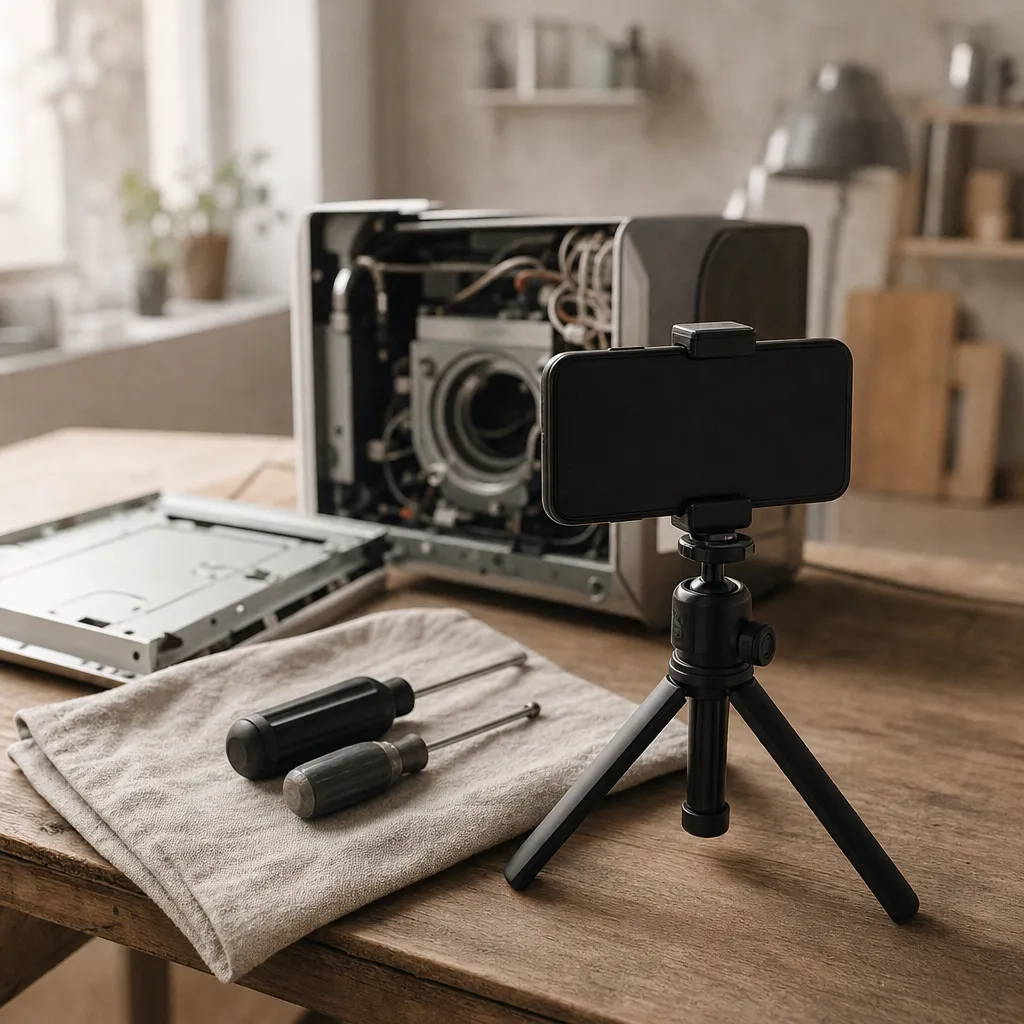 Photographie d'un établi de réparation filmé au smartphone sur trépied, illustrant un tutoriel pratique en vidéo.
