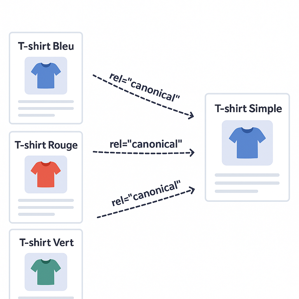 Schéma expliquant le concept de l'URL canonique : trois pages produits similaires pointent vers une seule page principale désignée comme canonique.
