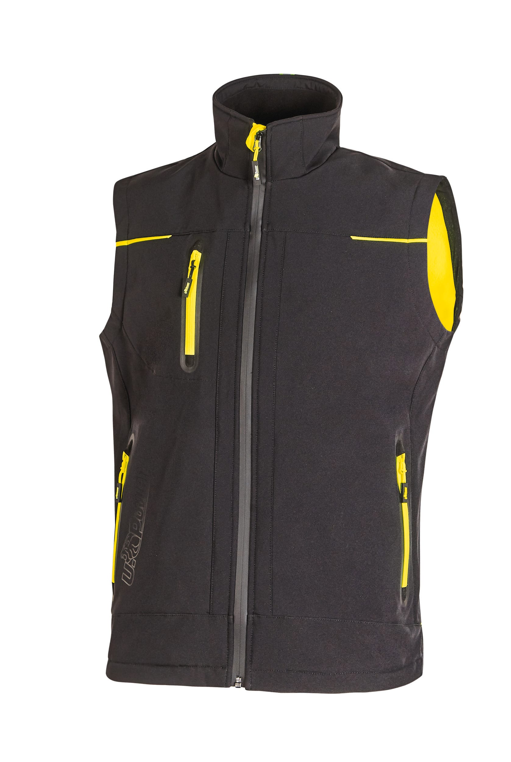Veste polaire sans manches noire avec fermetures éclair jaunes, zips surpoignés et col montant, boutons zippés gris.