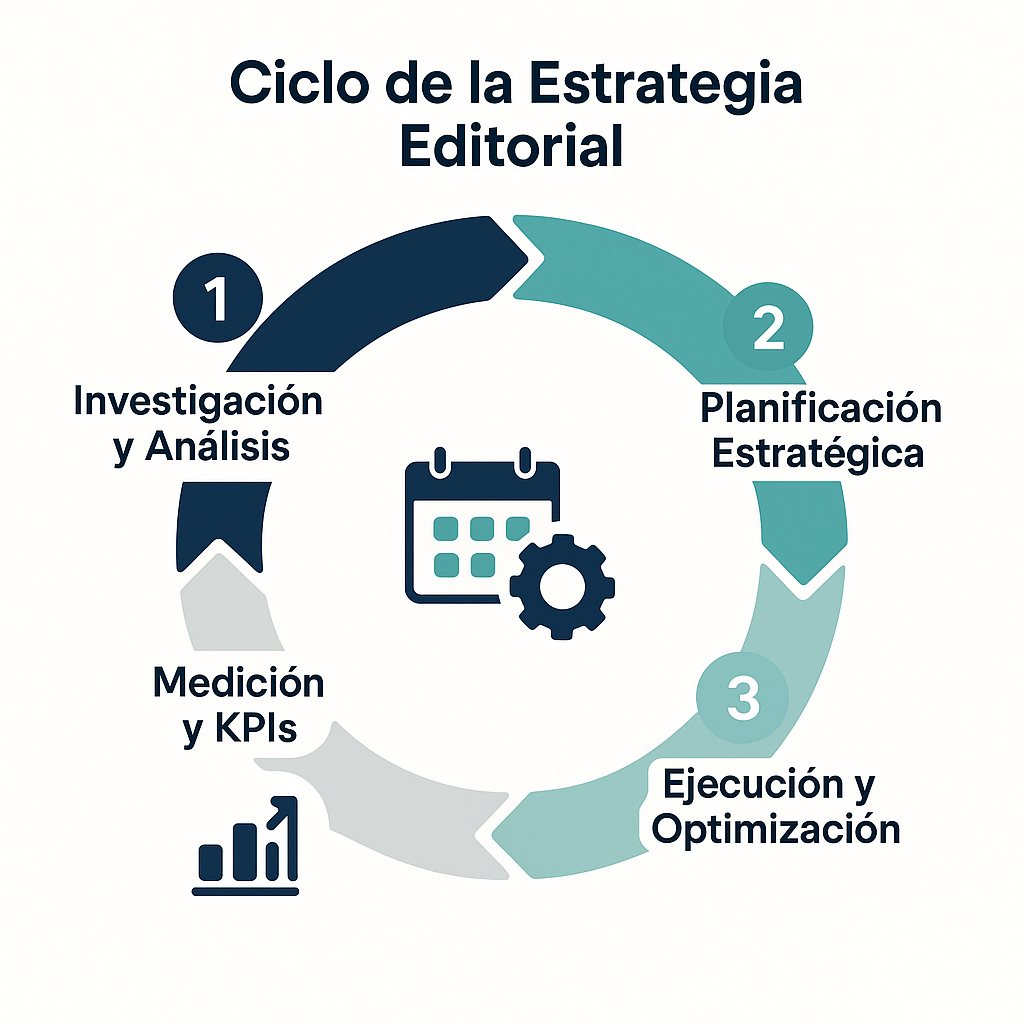 Infografía circular que muestra las cuatro fases continuas de una estrategia editorial eficaz: investigación, planificación, ejecución y medición.