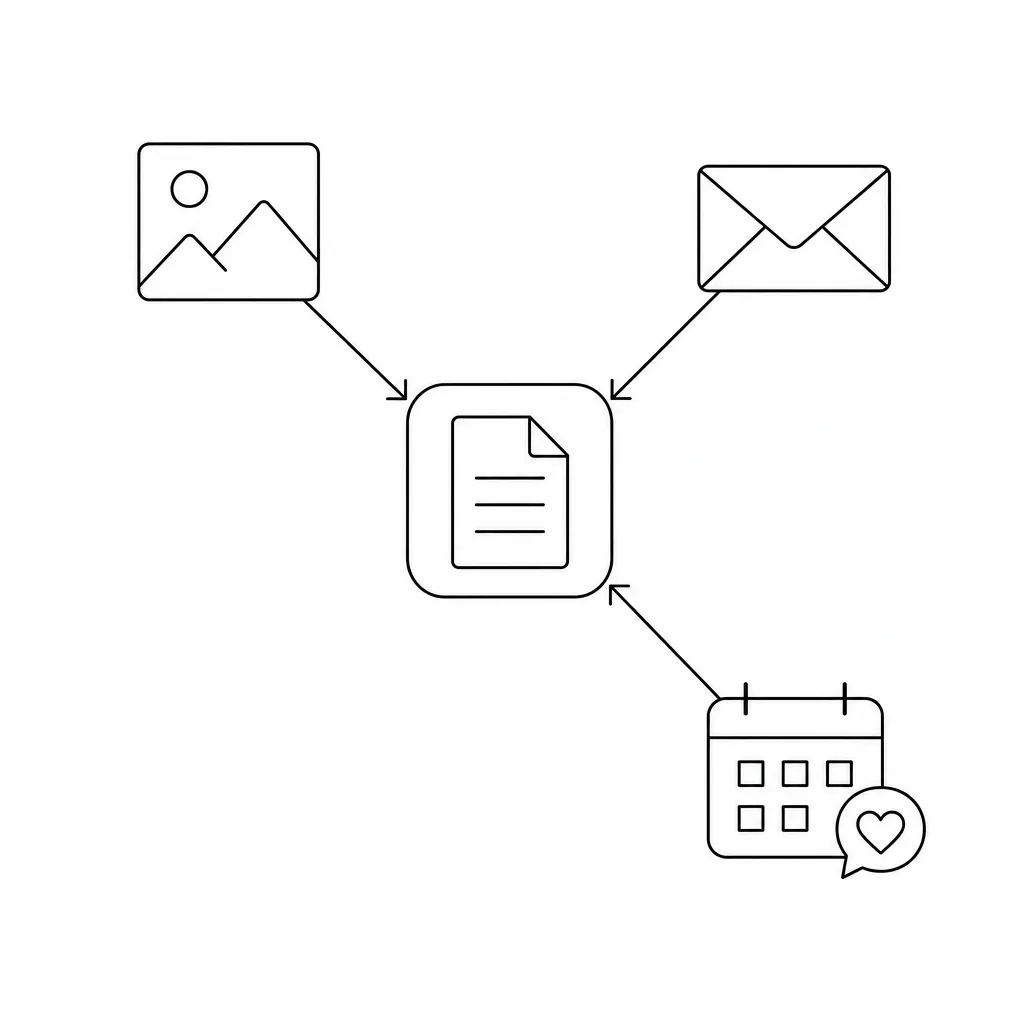 Schéma en trait fin : visuels, e-mail et calendrier social convergent vers un article de blog central.