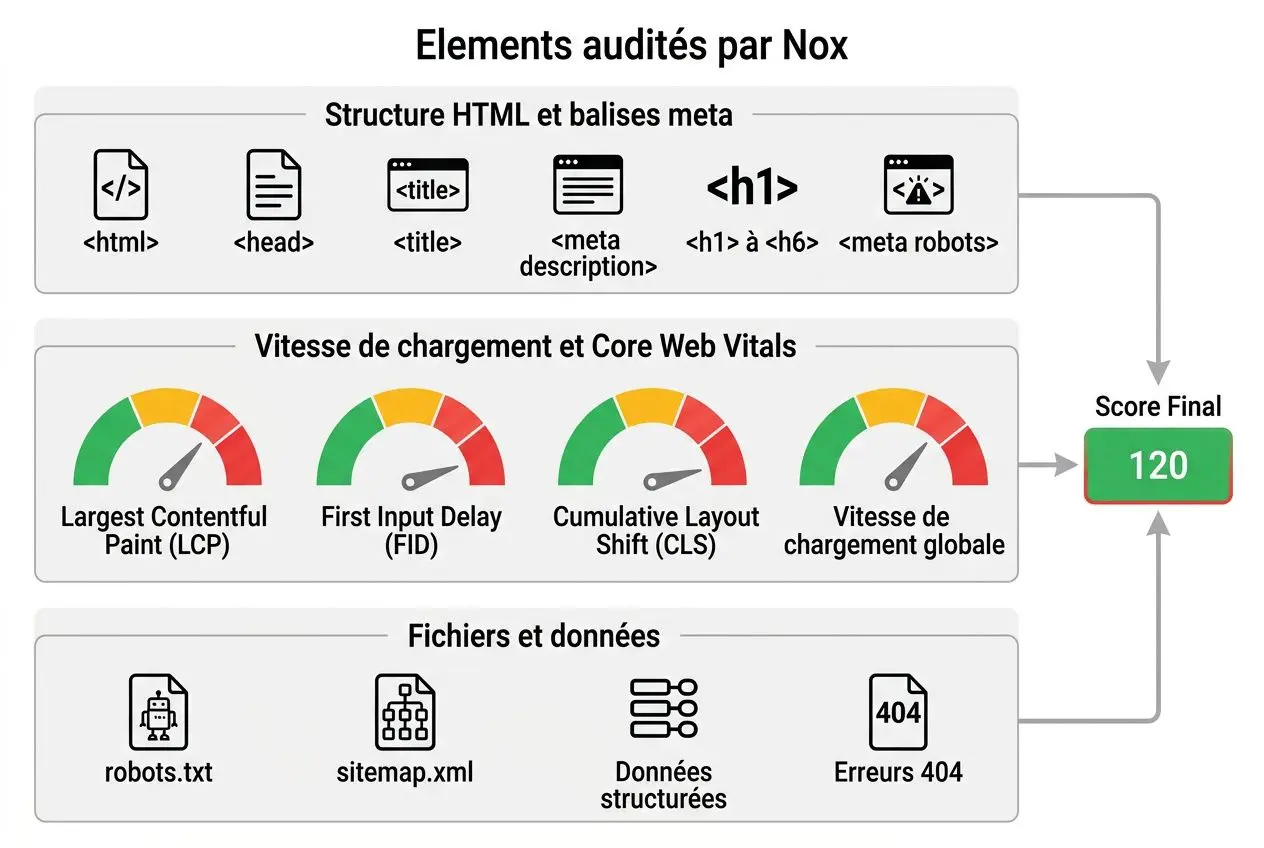 Diagramme des éléments audités par Nox: structure HTML, balises meta, vitesse Core Web Vitals et fichiers/données (robots.txt, sitemap.xml, données structurées, Erreurs 404) avec un score final 120.