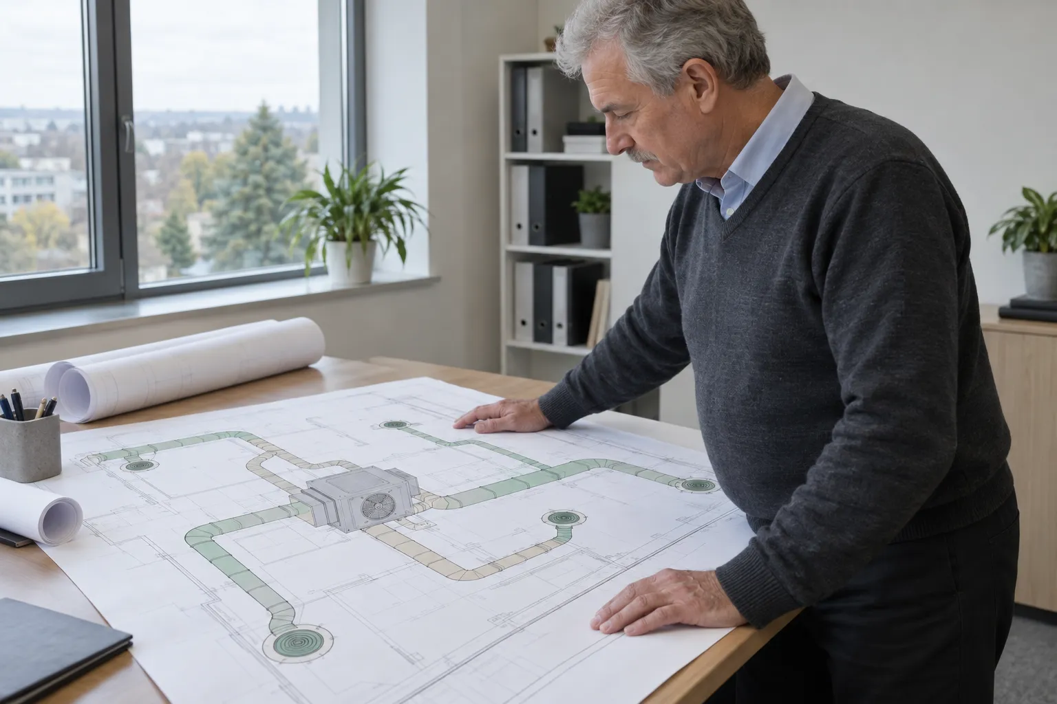 Un homme âgé examine un plan technique posé sur une grande table dans un bureau.