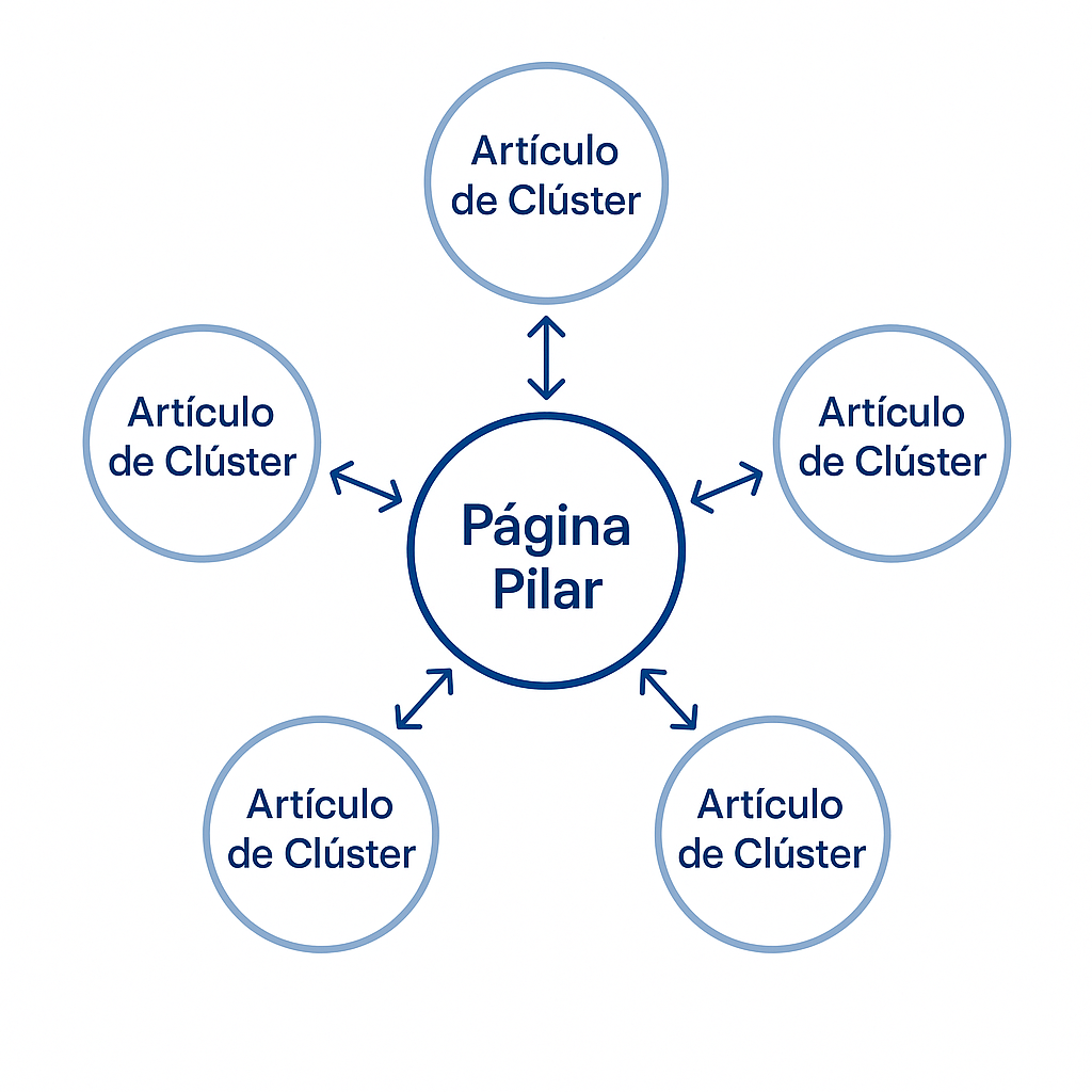 Diagrama de la estructura de un clúster de contenido con una página pilar central y artículos secundarios enlazados.