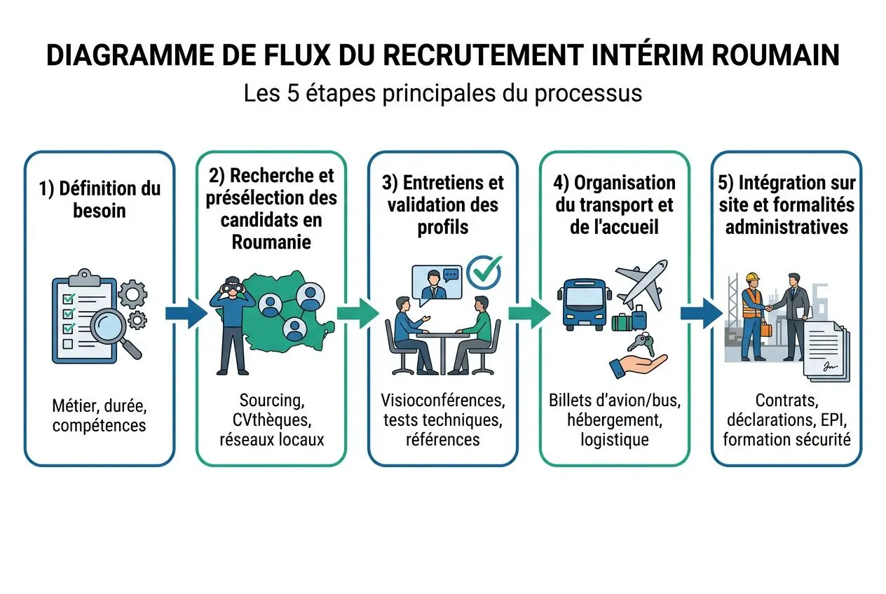 Diagramme de flux du recrutement intérim Roumain: 5 étapes clés, de la définition du besoin à l’intégration et aux démarches administratives. intégré: comment recruter ouvriers roumains via l’intérim.