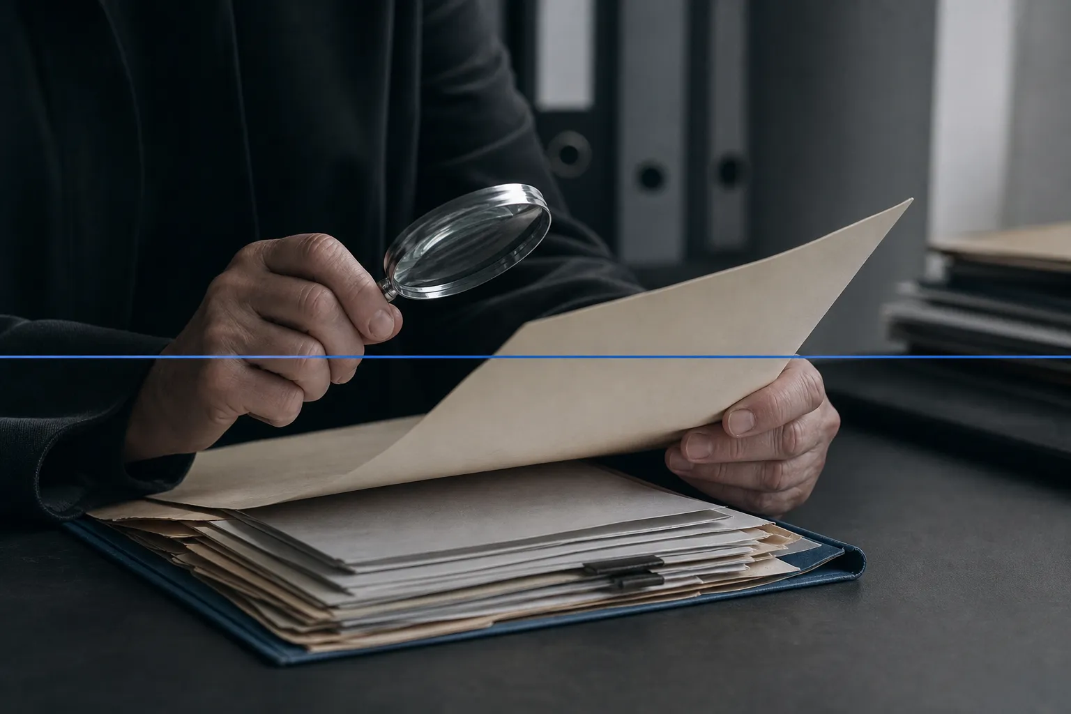 Inspecteur examinant des documents avec loupe, symbolisant la détection fraude assurance et l’analyse minutieuse des dossiers.