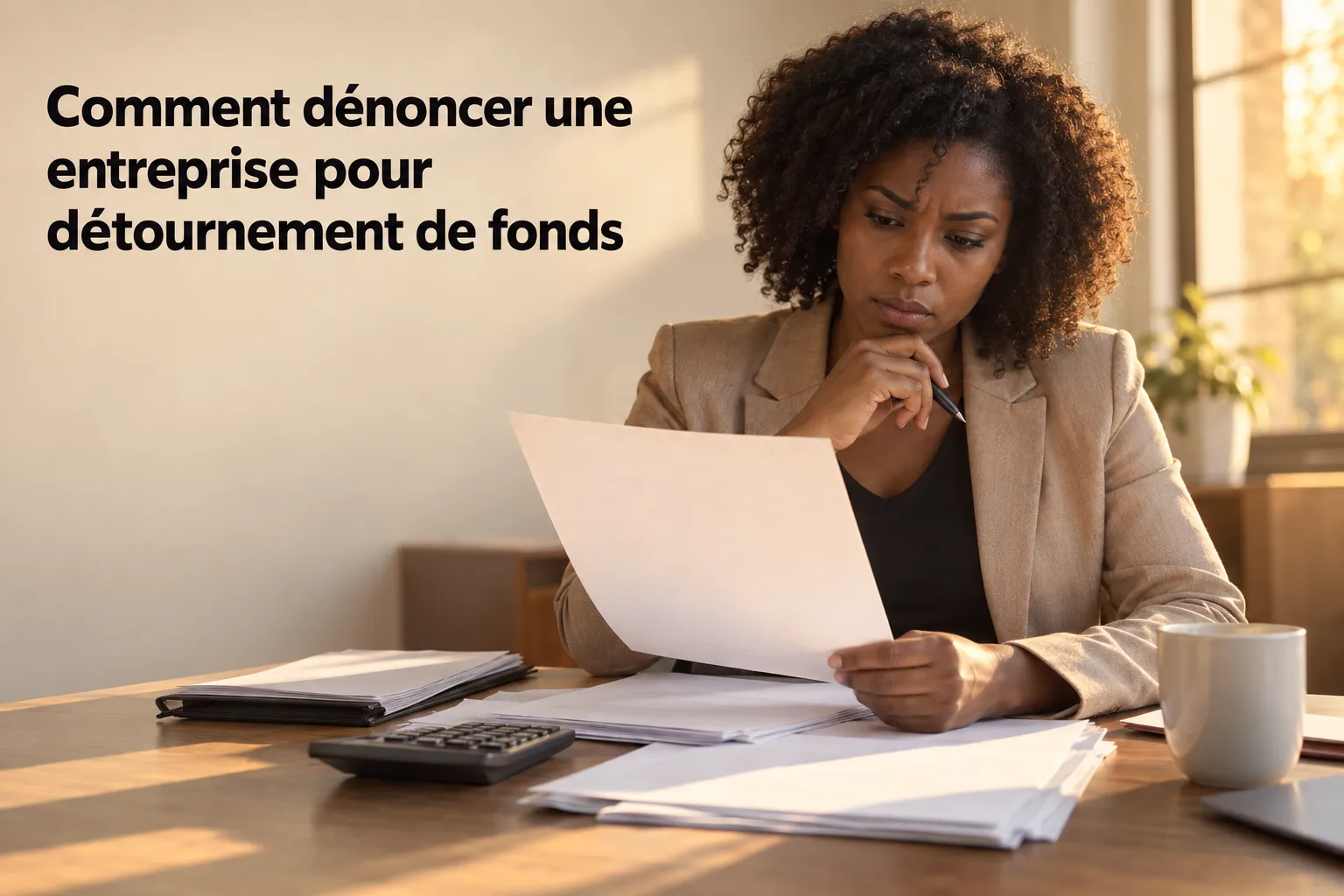 Comment dénoncer une entreprise pour détournement de fonds : femme attentive examine des documents sur le bureau, calculatrice et café en vue.