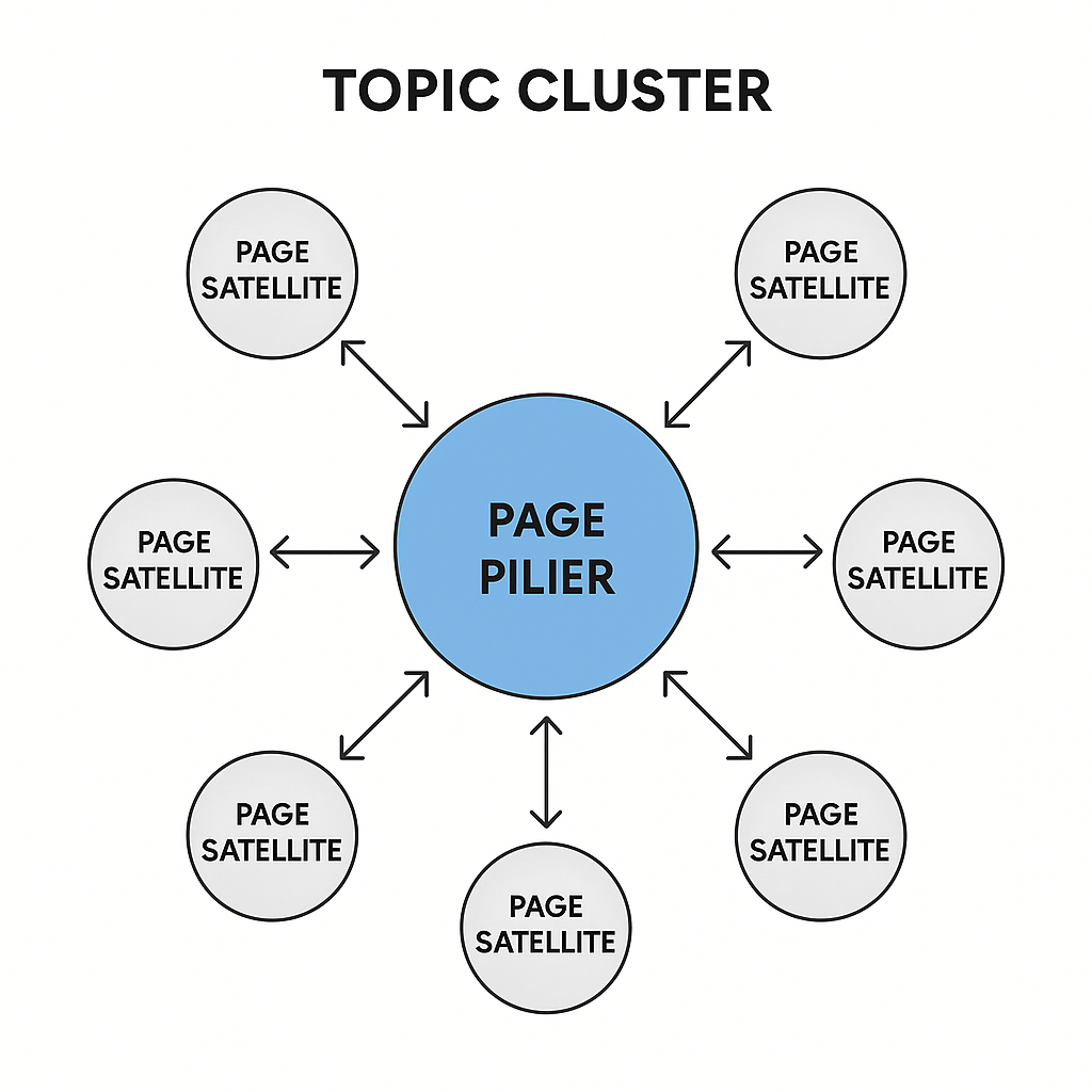 Diagramme du modèle en cluster thématique (topic cluster) montrant la page pilier et les pages satellites.