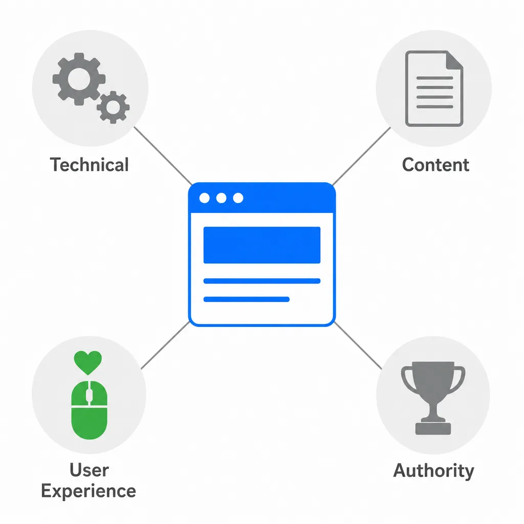Diagram of the four SEO pillars supporting a website: technical, content, authority and user experience.