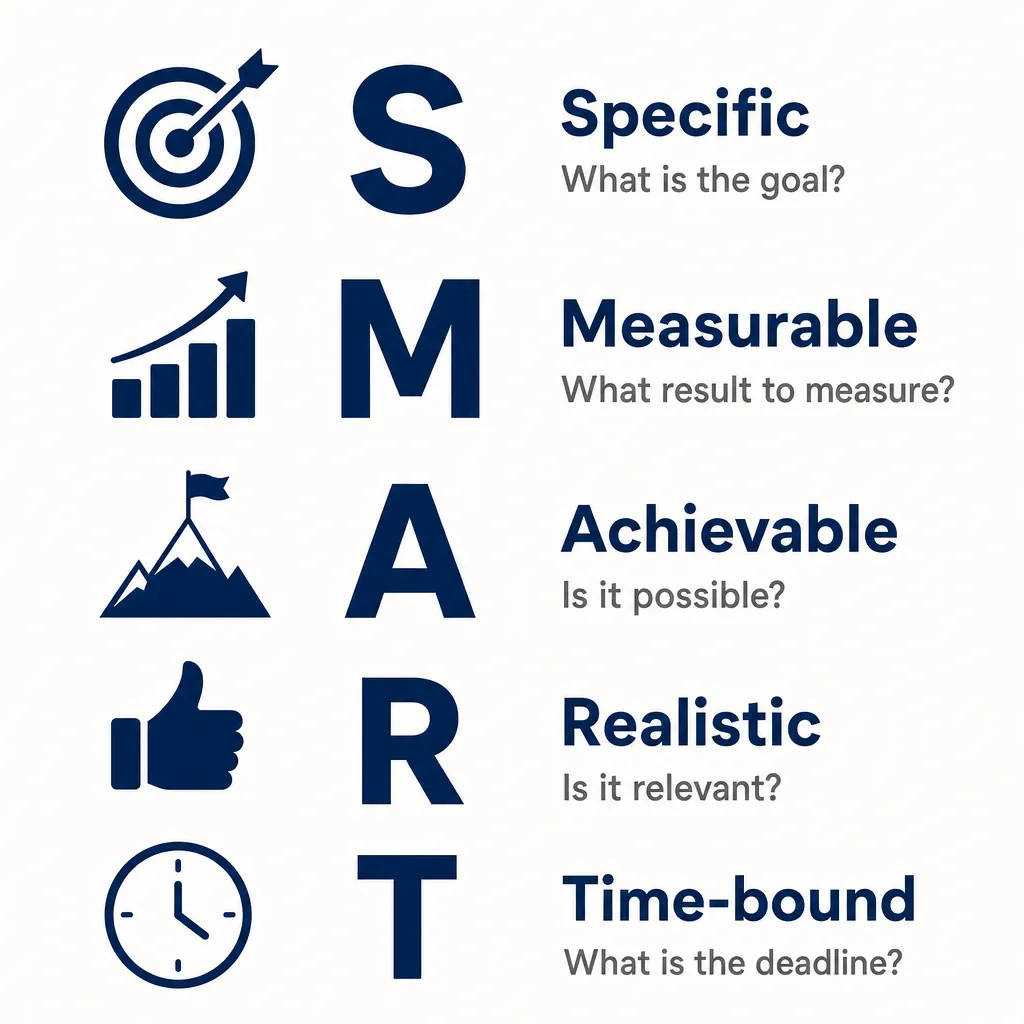 Diagram explaining the SMART goal method with an icon and a key question for each criterion: Specific, Measurable, Achievable, Realistic and Time-bound.