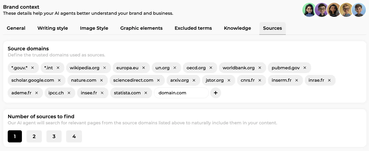 Brand context Sources tab with trusted source domains as chips and a selector for the number of sources to find