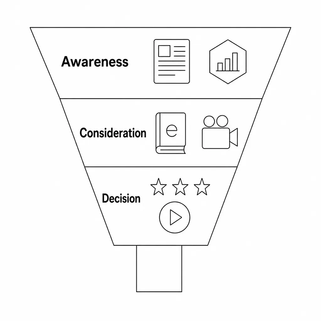 Funnel chart mapping content types (blog, ebook, demo) to the customer journey stages: awareness, consideration, decision.