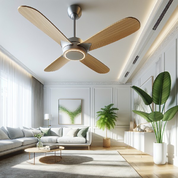 Un ventilateur de plafond moderne dans un salon