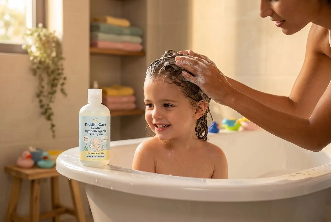 Une mère lave les cheveux de son jeune enfant dans une baignoire; à côté, une bouteille de shampoing hypoallergénique enfant est posée sur le rebord.