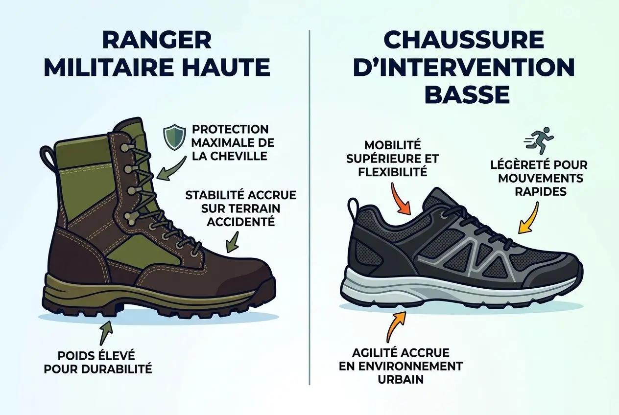 Chaussures d’intervention basse et liste des avantages : mobilité et flexibilité, légèreté, agilité en milieu urbain; chaussure d’intervention haute montrant protection, stabilité, durabilité et soutien à la cheville.