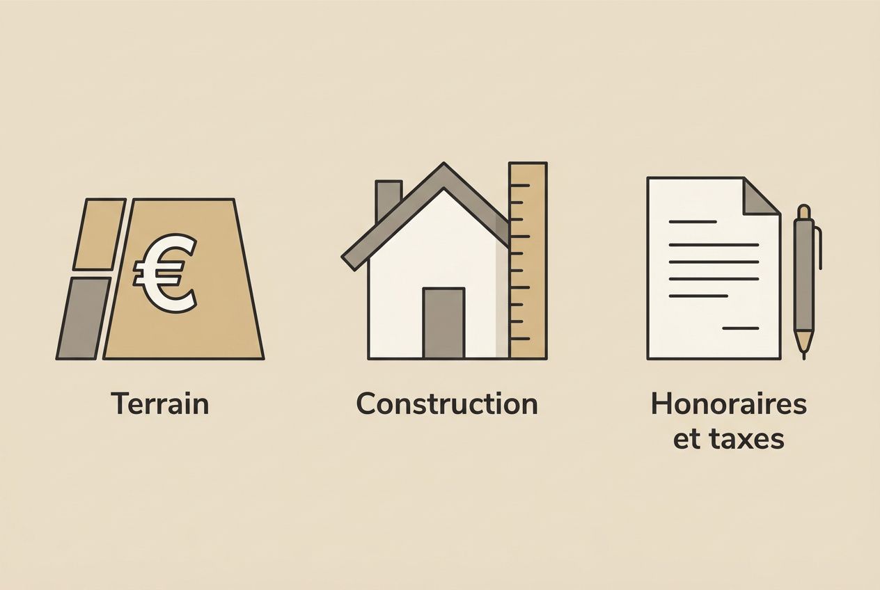 Illustration de coûts et construction : terrain, maison à ossature simple et ruban à mesurer; document et stylo pour honoraires et taxes.
