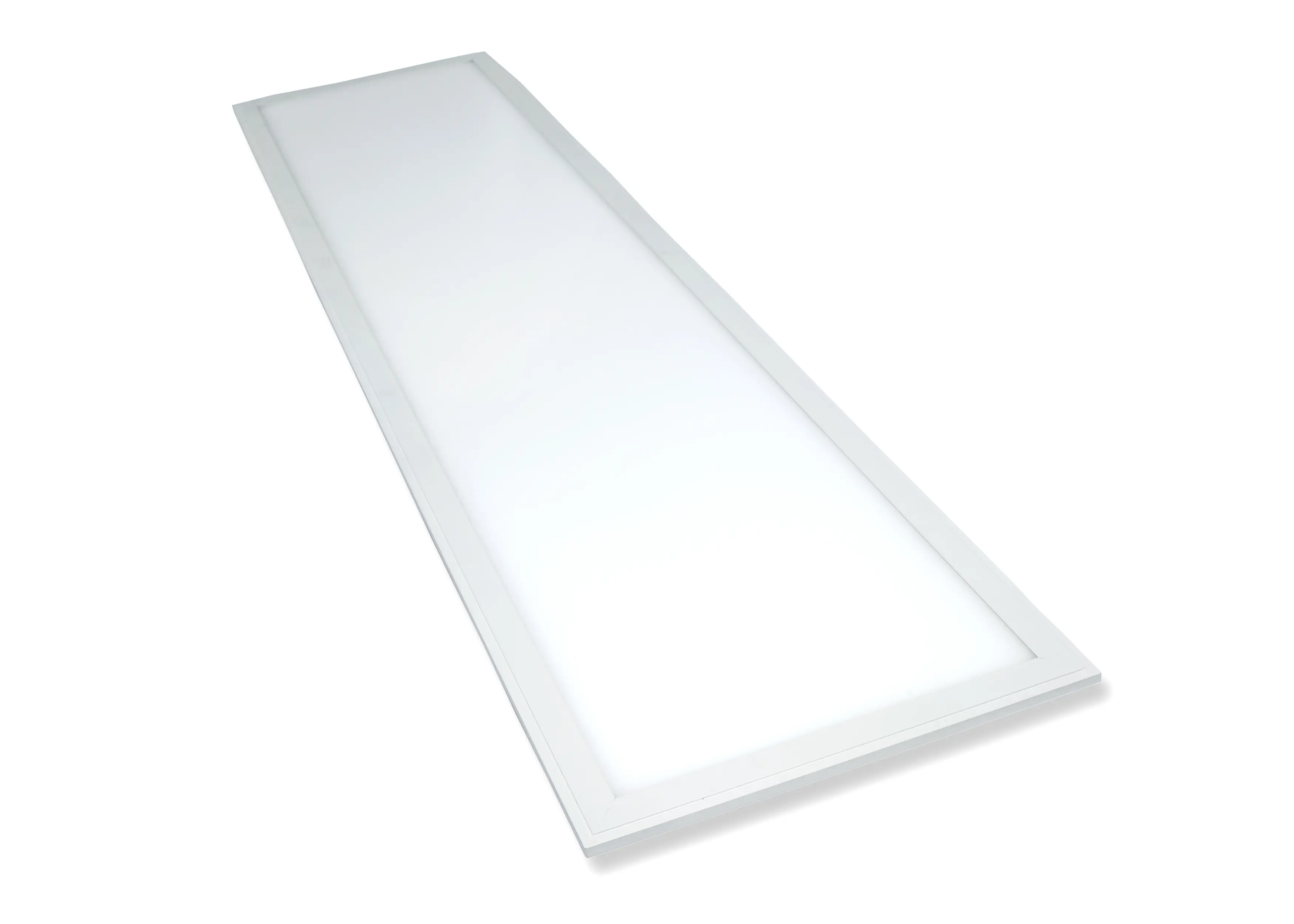Panneau lumineux LED rectangulaire encastré blanc avec cadre plat, diffusant et surface lisse.