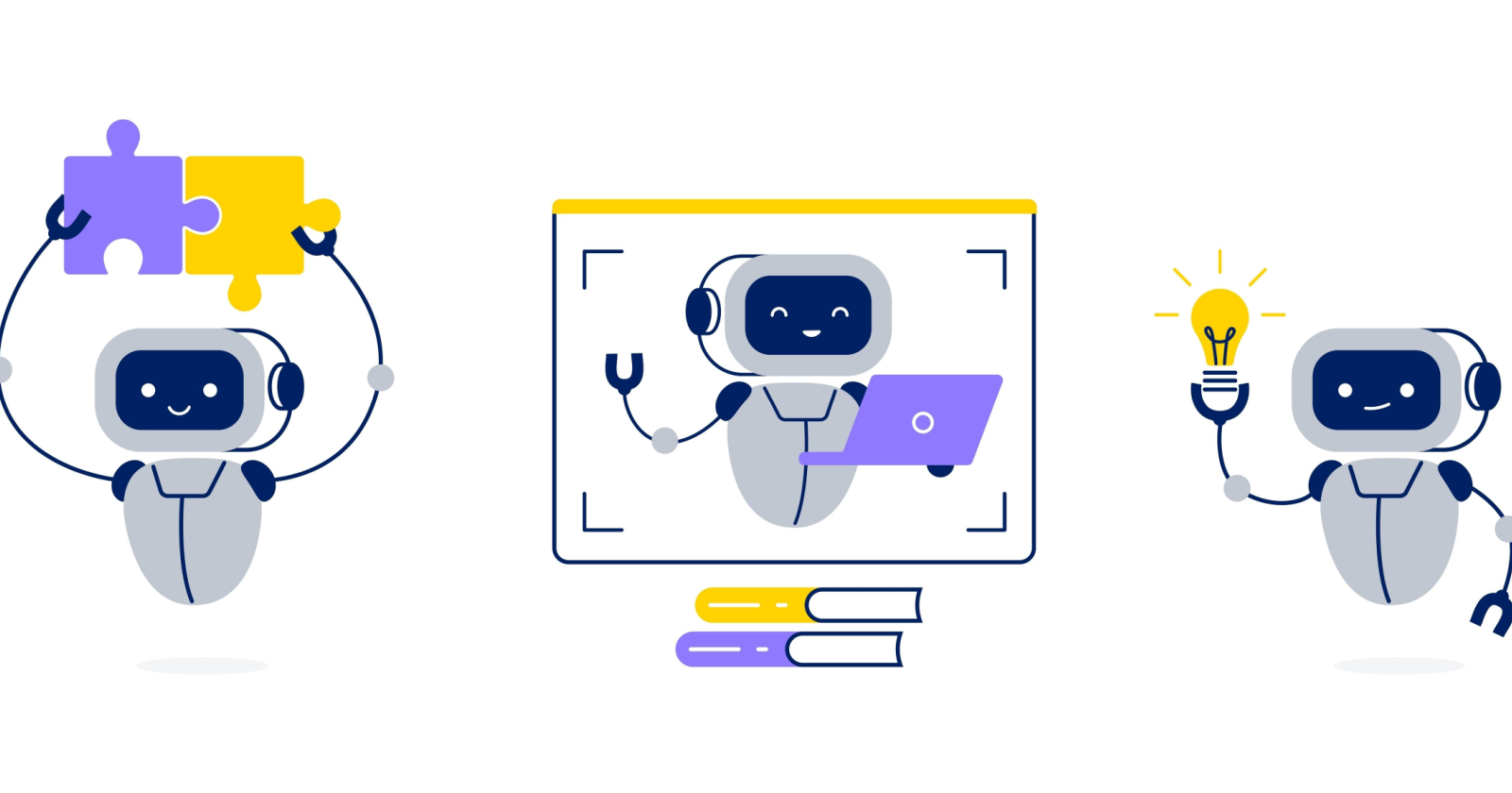 Three cute robots collaborate: one holds purple and yellow puzzle pieces, another presents on a screen with a laptop, and the third holds a lit bulb. AI SEO agents tools theme.