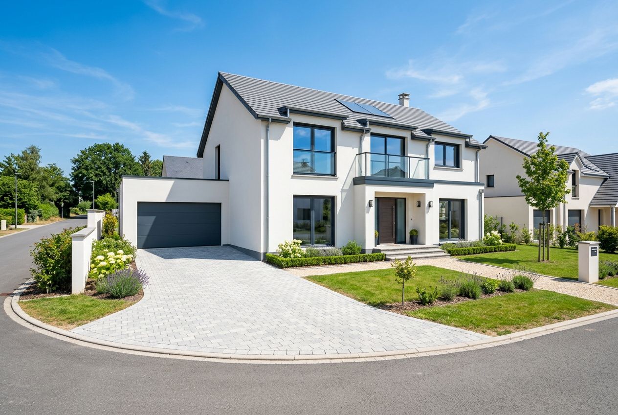 Belle maison neuve moderne à deux étages avec façade blanche, double garage et baie vitrée, entourée d’un jardin soigné dans un lotissement. maison neuve clé en main aspect moderne.