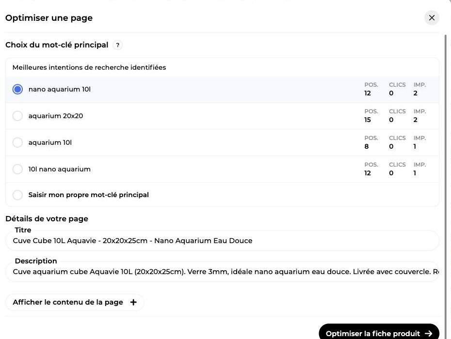 Fenêtre Optimiser une page dans Sedestral : choix du mot-clé principal parmi les intentions identifiées, avec position, clics et impressions