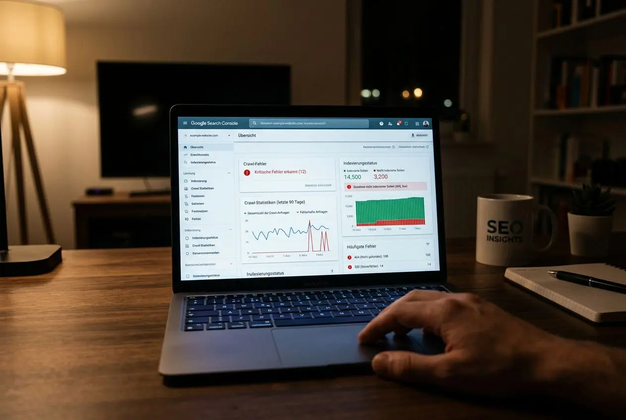 Laptop auf einem Schreibtisch mit SEO-Dashboard, das Warnsignale im SEO Audit zeigt, ergänzt durch eine Tasse mit SEO Insights.