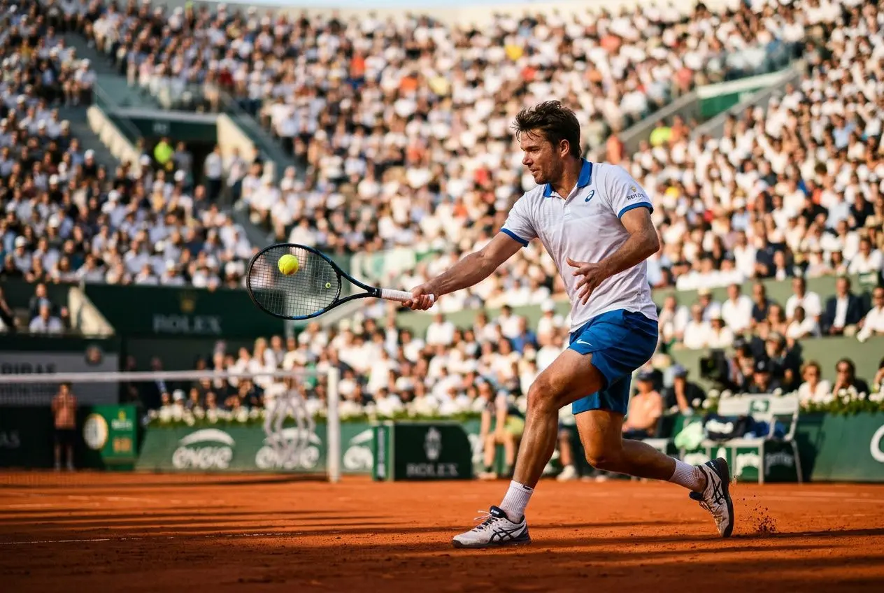 Joueur de tennis en action sur terre battue, prêt à frapper une volée lors d’un match animé. comment gagner pronostic tennis intégré naturellement.