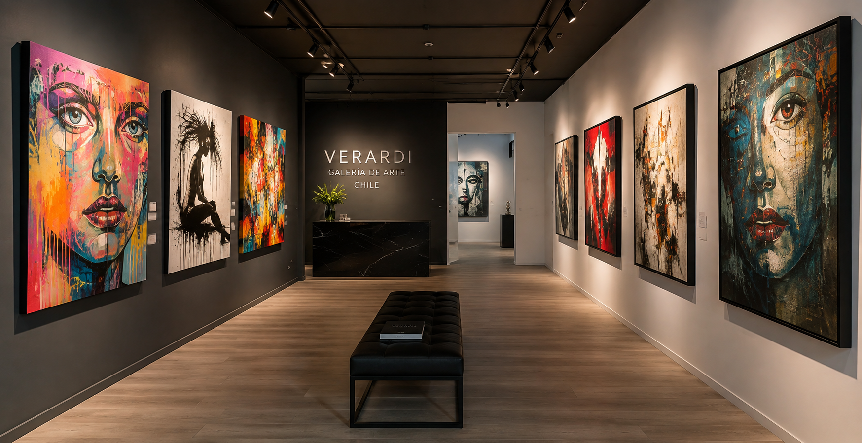 Galería de arte contemporáneo con paredes oscuras y obras coloridas en gran formato; recepción en fondo y banco acolchado en el centro.