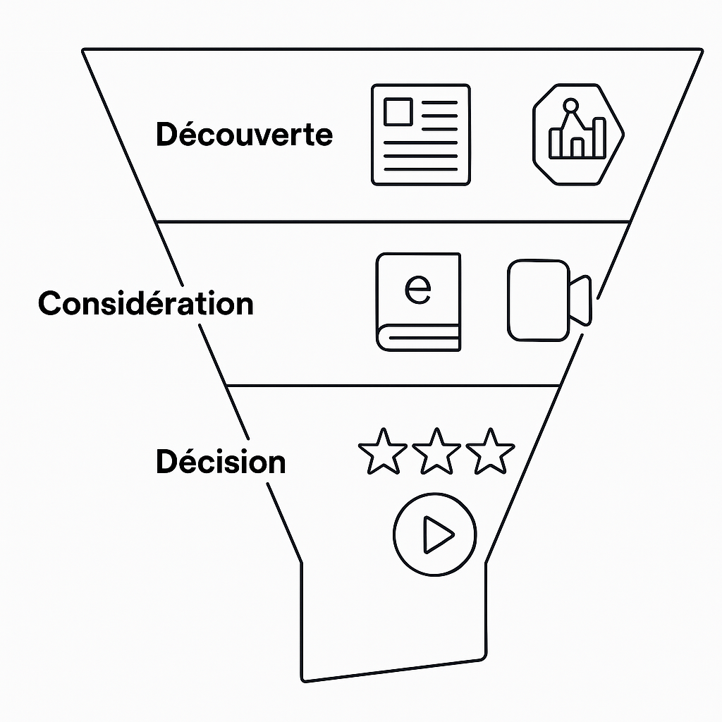 Graphique alignant les types de contenu (blog, livre blanc, démo) avec les étapes du parcours client : Découverte, Considération, Décision.