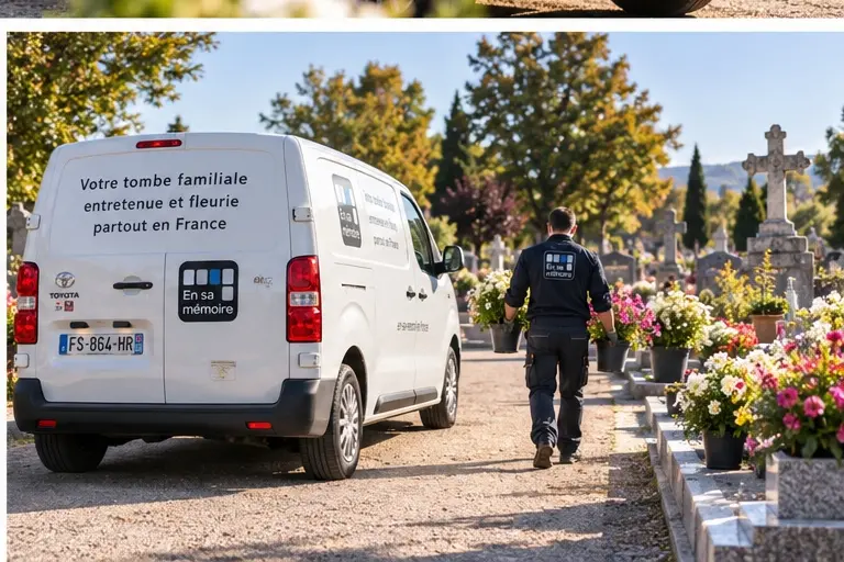 Véhicule utilitaire blanc portant le texte “Votre tombe familiale entretenue et fleurie partout en France” près de tombes Véhicule utilitaire blanc portant le texte “Votre tombe familiale entretenue et fleurie partout en France” près de tombes