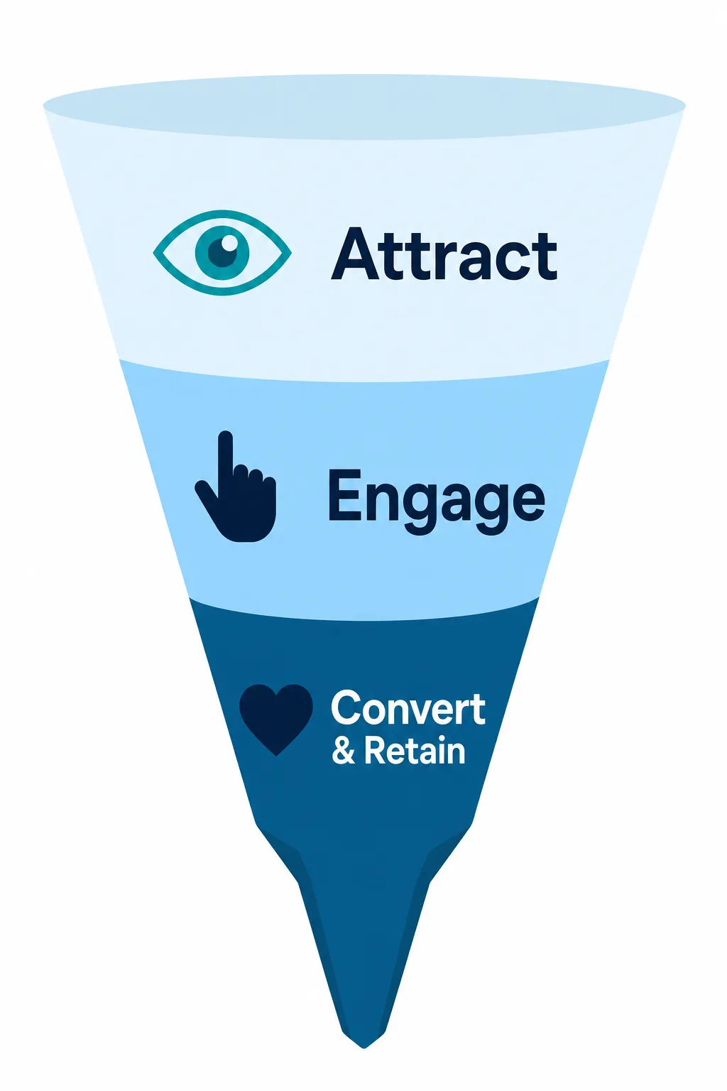 Inbound marketing funnel showing the 3 stages: Attract the audience, Engage visitors, and Convert prospects into loyal customers.