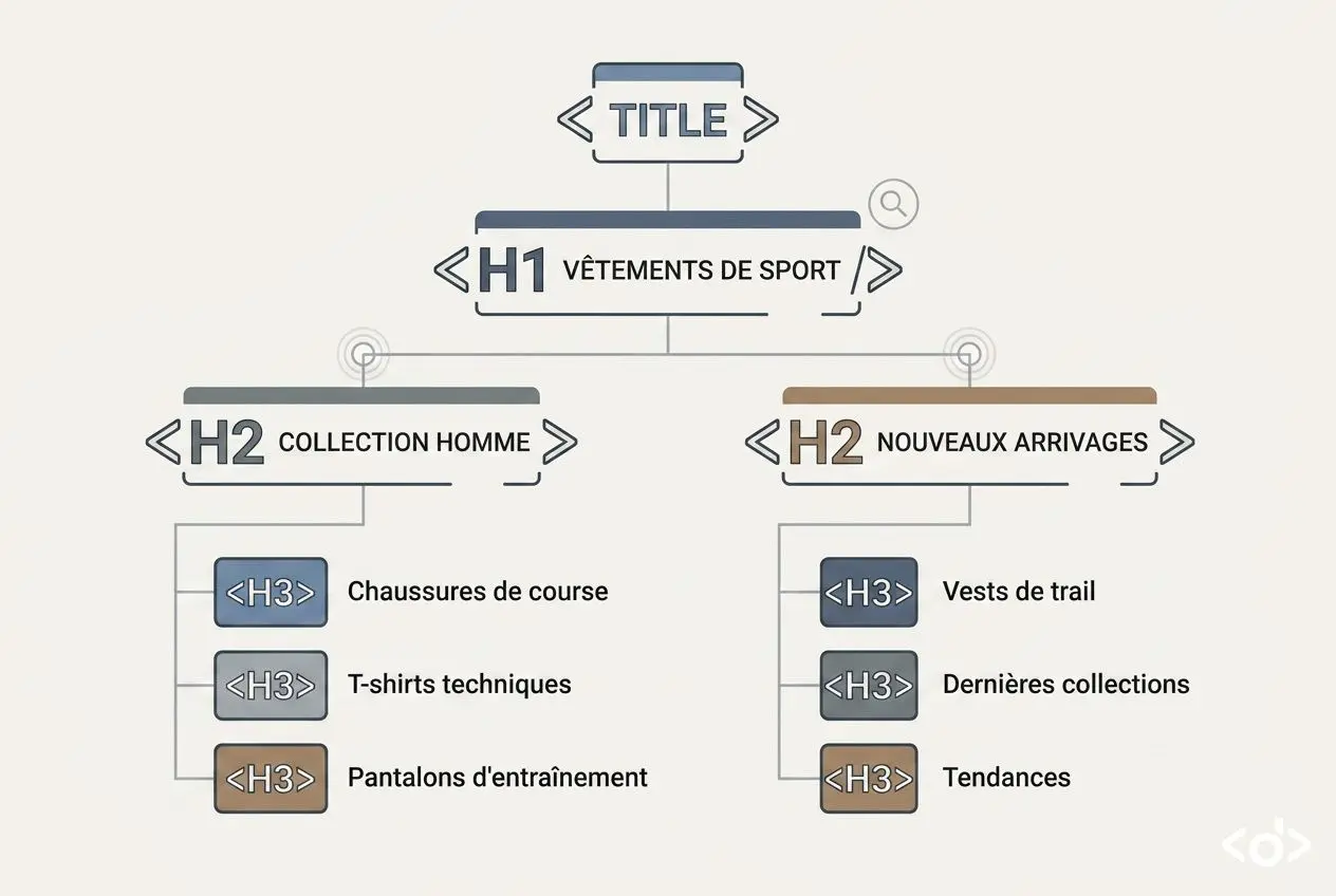 Schéma de structure de page montrant l’optimisation SEO des catégories de produits: titres H1 et sous-catégories (H2) avec exemples de sous-titres H3 pour chaussures de sport et nouveautés. Optimiser catégorie de produits SEO intégrée.