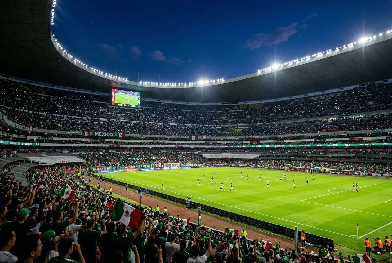 Stade de football bondé lors d’un match de Ligue 1 sous éclairage nocturne, supporters dans les tribunes, écran géant et terrain vert au centre. Pronostic Ligue 1 : analyses football, favoris et tendances 2026