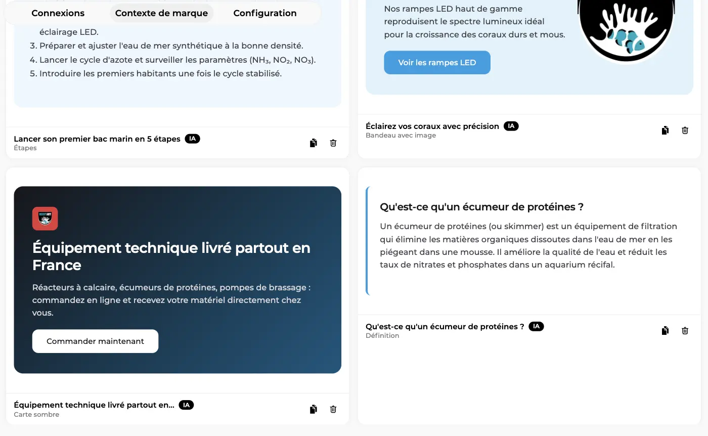 Éléments graphiques de type étapes, bandeau avec image, carte sombre avec bouton et bloc définition dans la bibliothèque