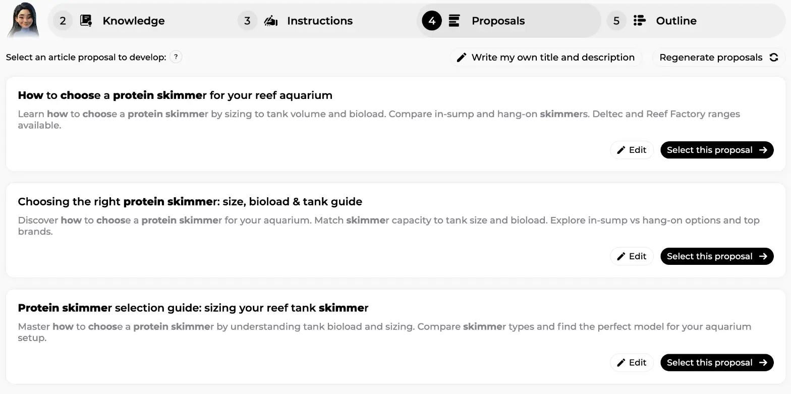 Three article proposals with titles and meta descriptions, Edit and Select this proposal buttons