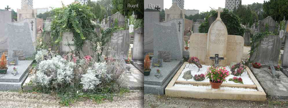 Deux photos montrent une tombe envahie par la végétation, puis dégagée et fleurie.