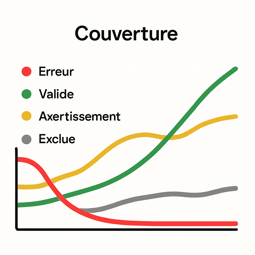 Graphique simplifié du rapport de couverture de Google Search Console, montrant l'évolution des pages en erreur, valides et exclues.