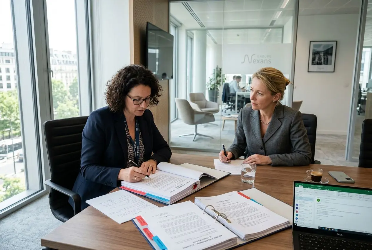 Deux femmes en réunion d’enquête interne en entreprise, examinant des documents et remplissant des formulaires; ordinateur portable et notes sur la table. Environnement de bureau professionnel. Enquête interne entreprise exemple.
