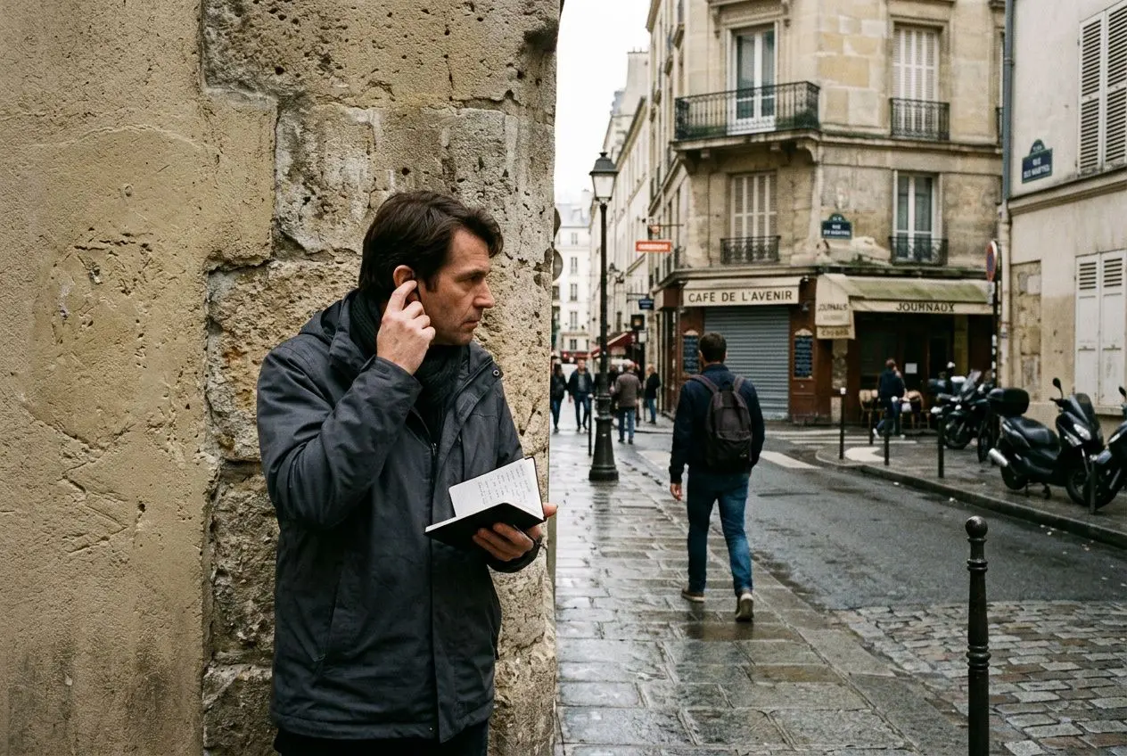 Detective privé infidelité conjoint en filature prenant des notes près d’un mur sur une rue parisienne.