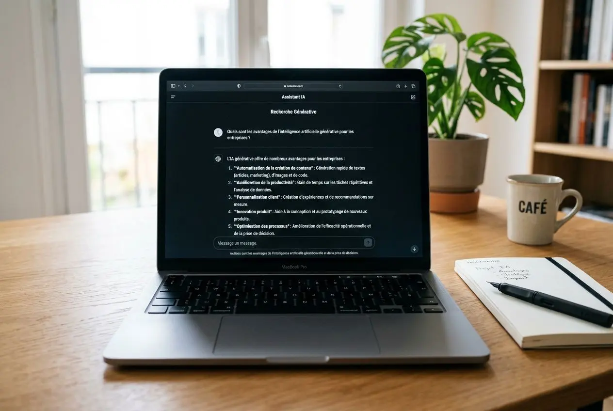 Laptop affichant une interface IA sur un bureau en bois, avec cahier et mug « Café ». intégration naturelle: comment optimiser son geo.