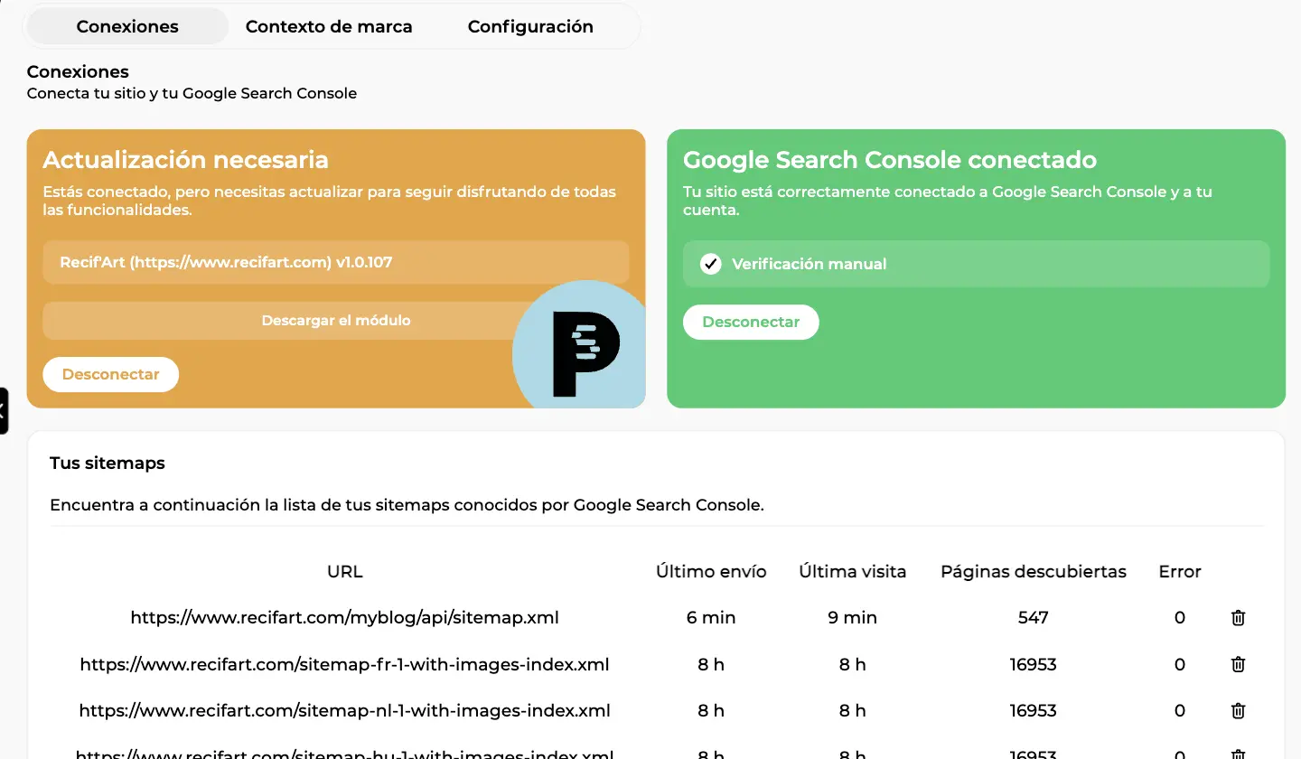 Pestaña Conexiones con la tarjeta del módulo en actualización necesaria, la Search Console conectada y la lista de sitemaps