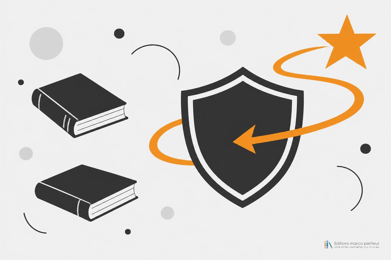 Bouclier noir entouré d'une étoile orange et de deux livres, symbole de protection et de connaissances