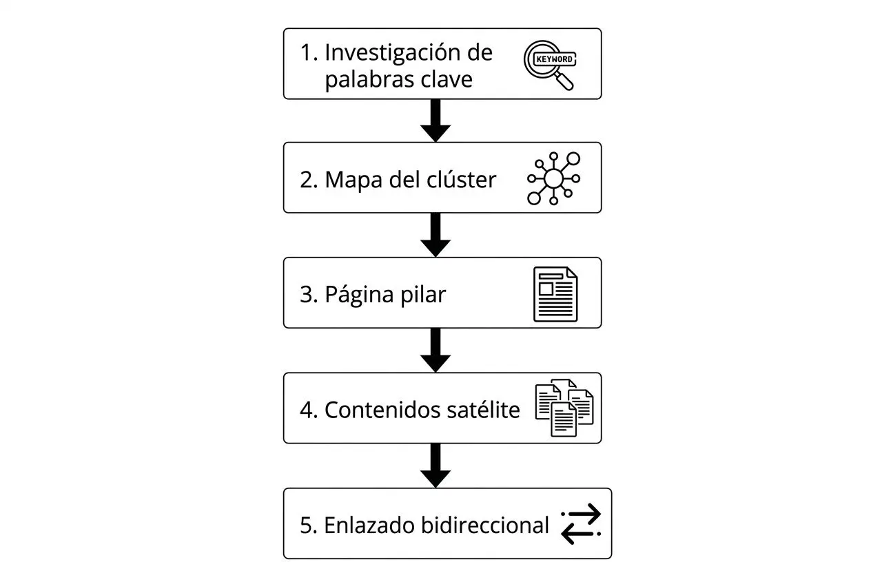 Diagrama de flujo de creación de topic clusters: desde investigación de palabras clave, mapa del clúster, página pilar, contenidos satélite hasta enlace bidireccional.